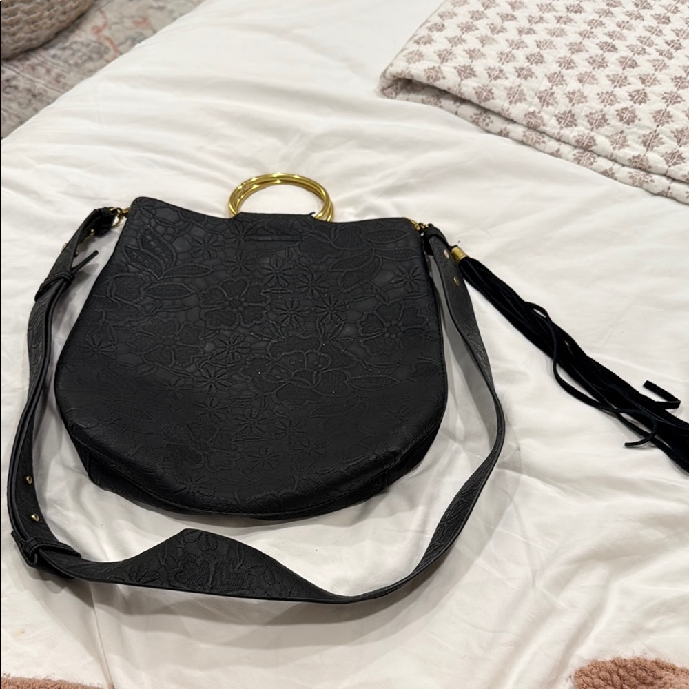 Anthropologie - Black leather Floral Embossed Bag with Gold Handle